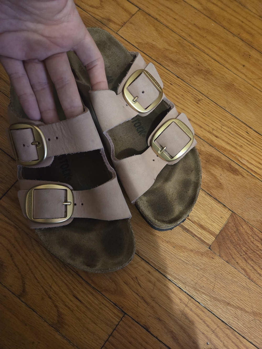 Birkenstock Nude/Tan Two-Strap Sandals with Gold Buckles